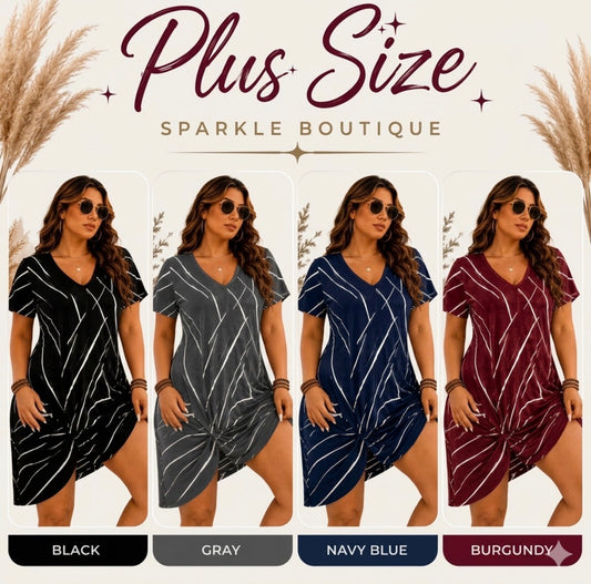 Plus Size Abstract Line V-Neck Twisted Trumpet Style Short Sleeve Dress