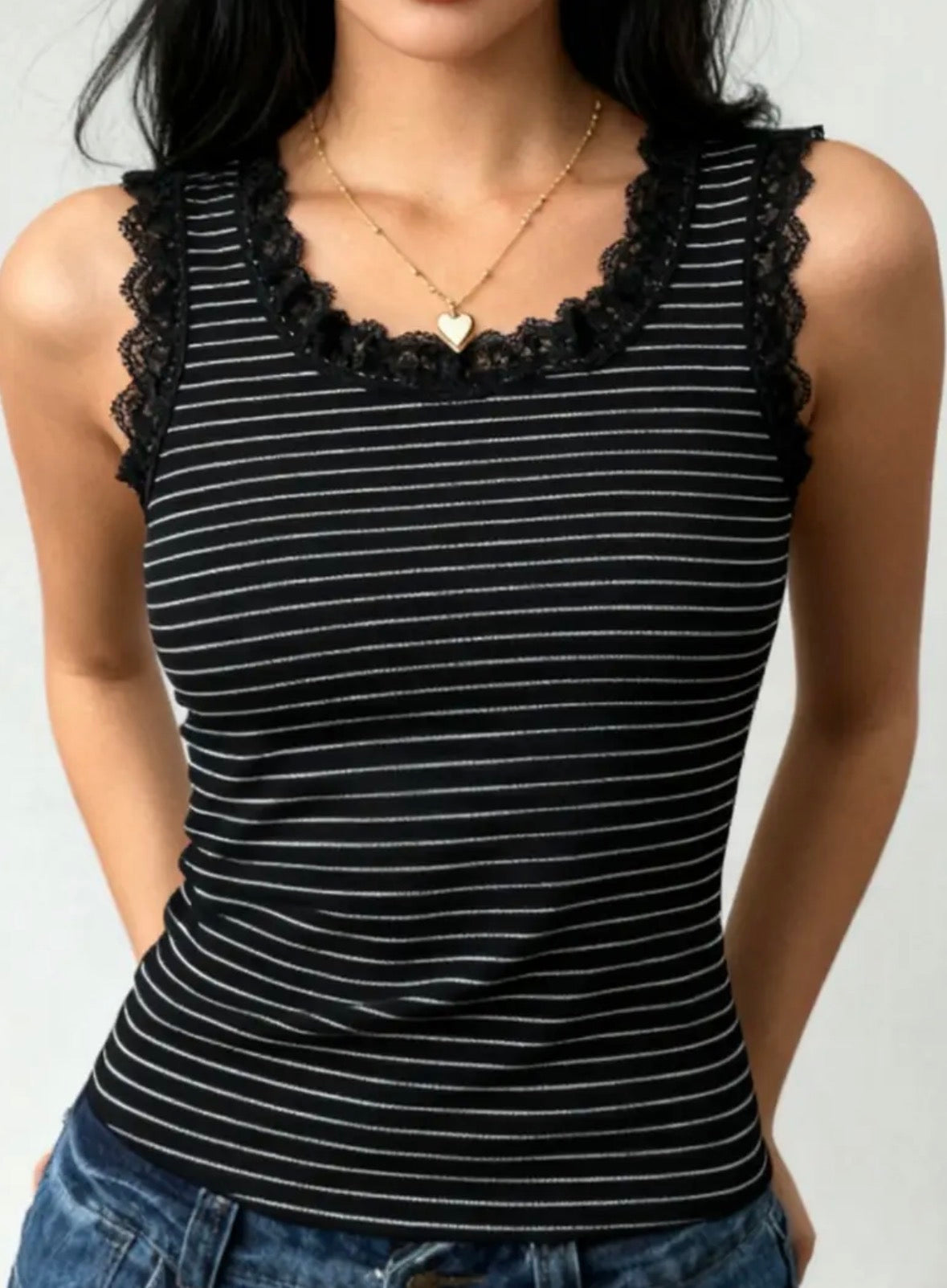 Striped Tank Top with Lace Trim