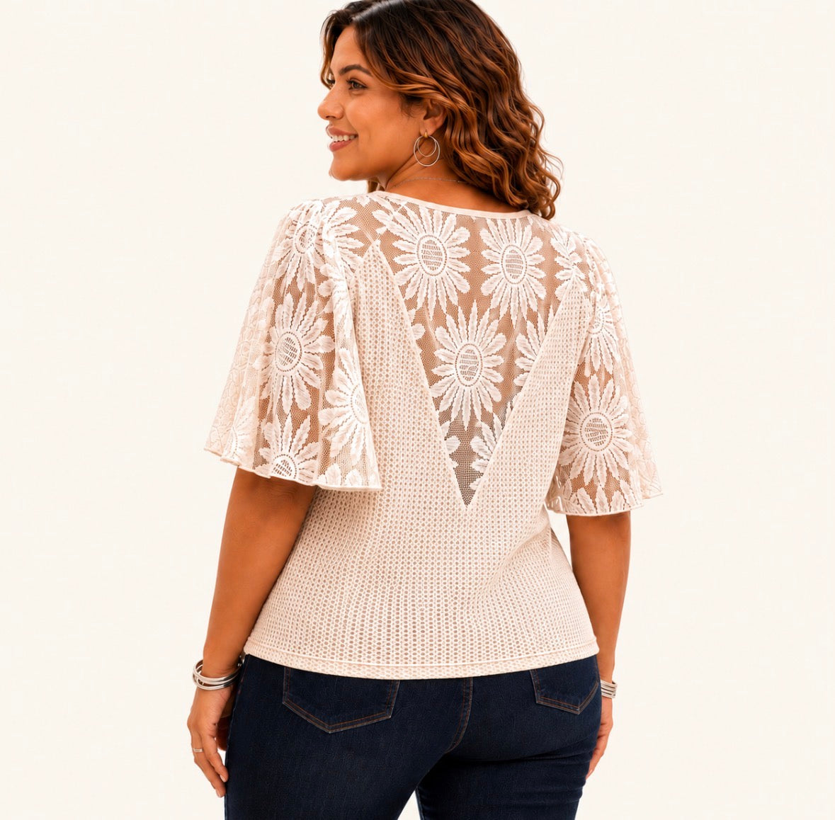 Plus Size V-Neck Top with a Sheer Lace Sunflower Back Panel and Flounce Sleeves