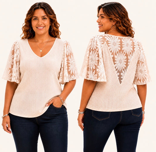 Plus Size V-Neck Top with a Sheer Lace Sunflower Back Panel and Flounce Sleeves