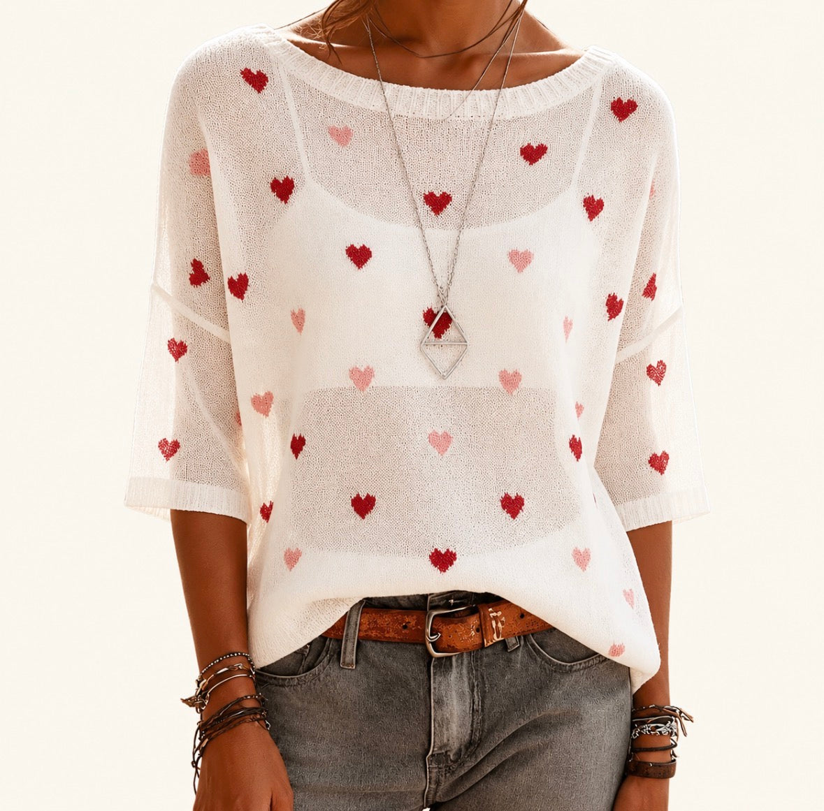 Heart Pattern Three-Quarter Sleeve Lightweight Summer Sweater