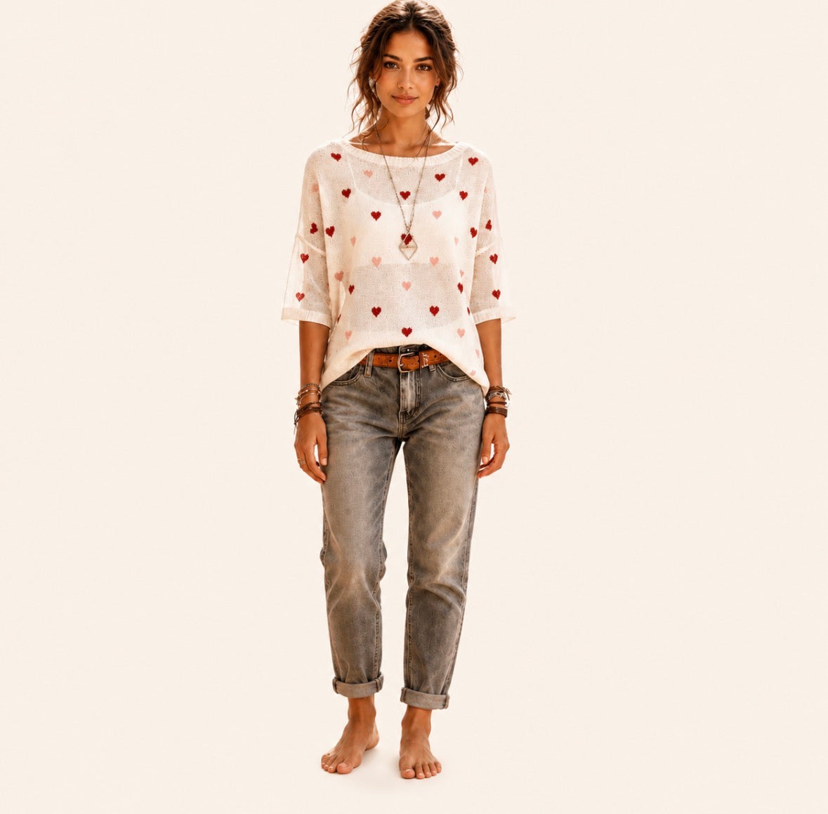 Heart Pattern Three-Quarter Sleeve Lightweight Summer Sweater