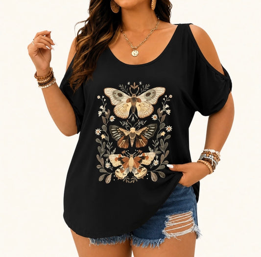 Retro Cold Shoulder Floral Butterfly Top