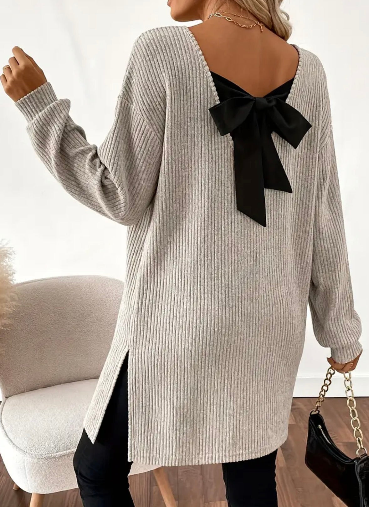 Long Ribbed Sweater with Back Bow