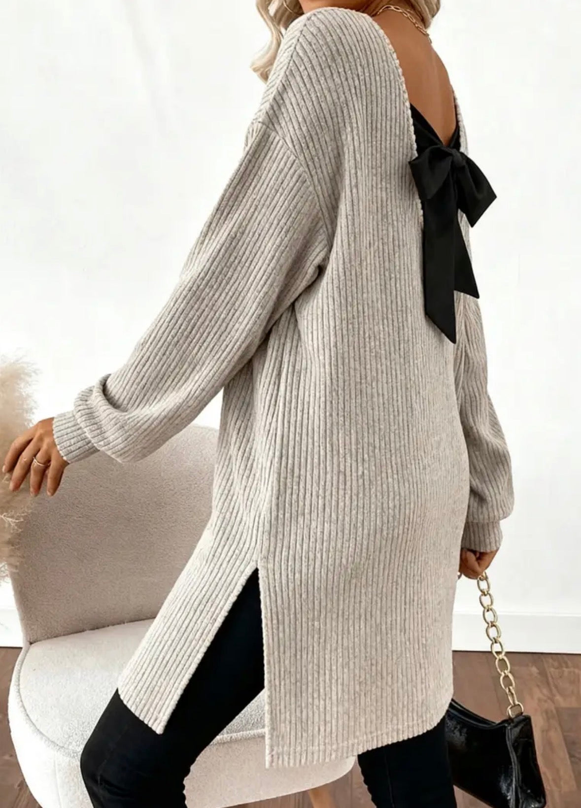 Long Ribbed Sweater with Back Bow