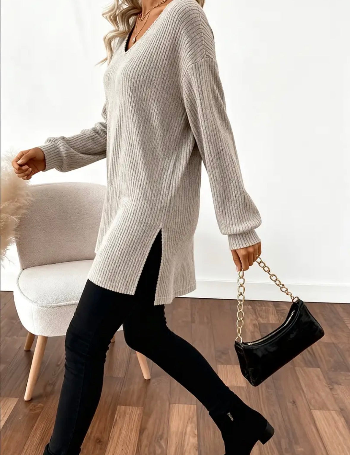 Long Ribbed Sweater with Back Bow
