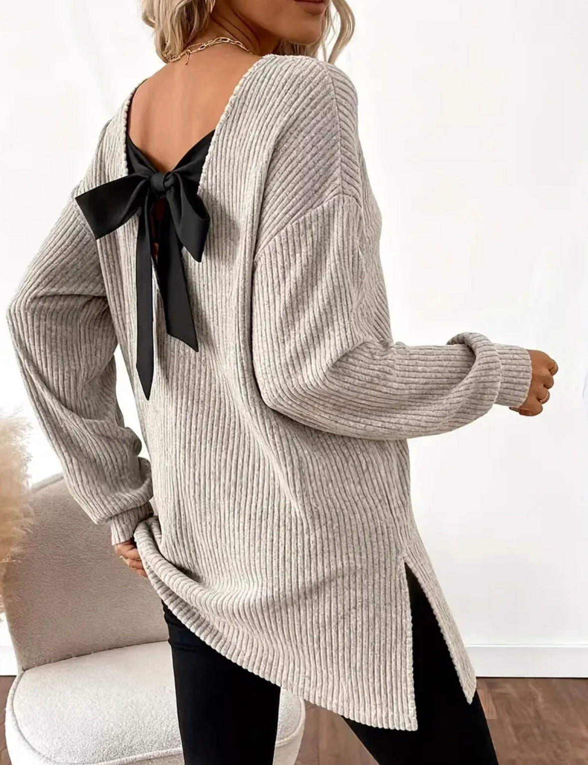 Long Ribbed Sweater with Back Bow