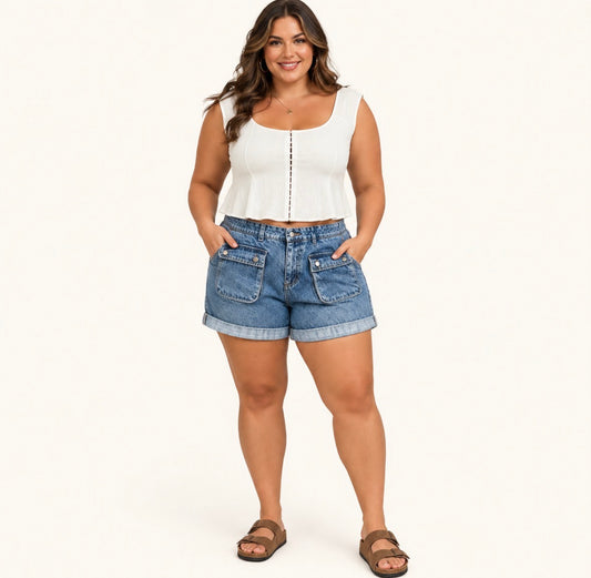 Plus Size Denim High-Waisted Rolled Hem Shorts
