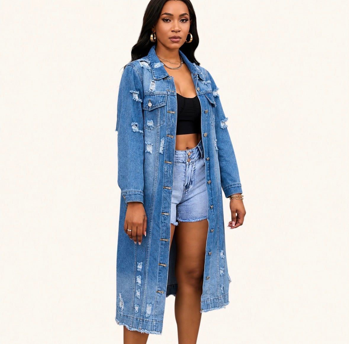 Long Distressed Denim Trench Coat