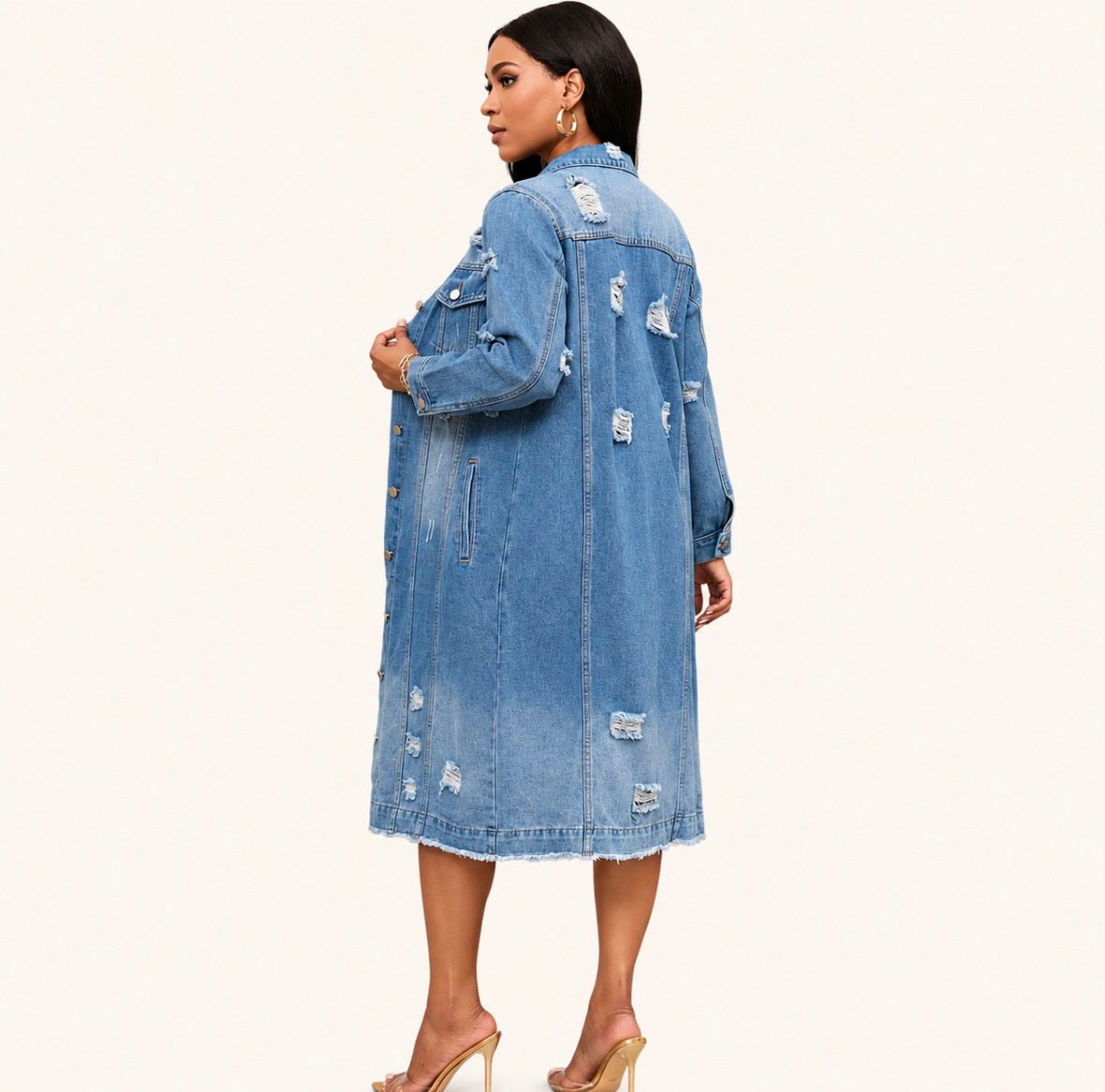 Long Distressed Denim Trench Coat