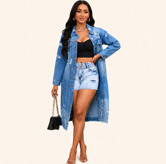 Long Distressed Denim Trench Coat
