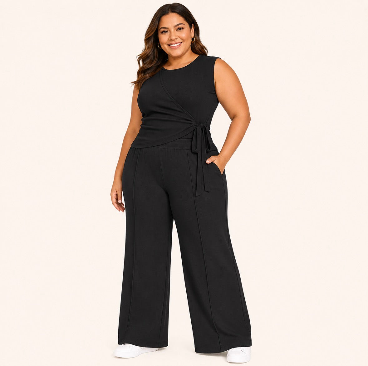 Plus Size 2-piece Sleeveless Top with Side Tie Bow and Elastic Waist Pants
