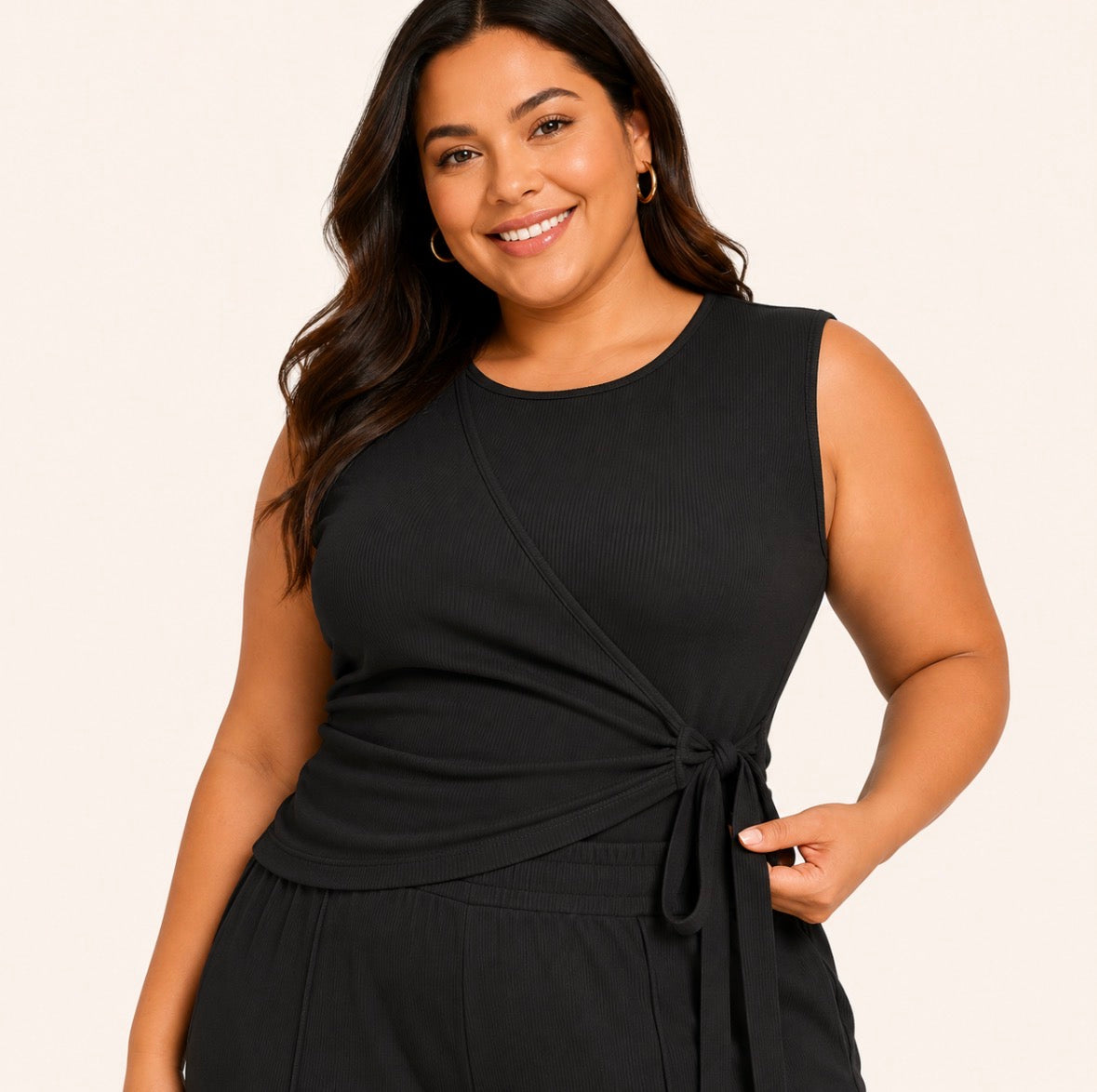 Plus Size 2-piece Sleeveless Top with Side Tie Bow and Elastic Waist Pants