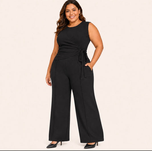 Plus Size 2-piece Sleeveless Top with Side Tie Bow and Elastic Waist Pants