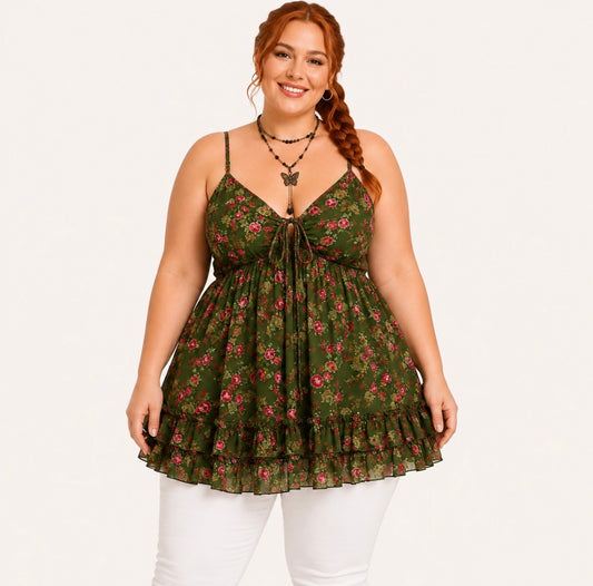 Plus Size Casual Nature-Inspired Chiffon Printed Camisole