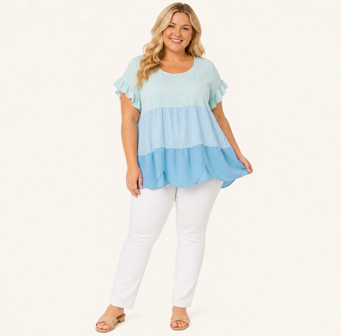 Plus Size Color Block Ruffle Trim Shirt