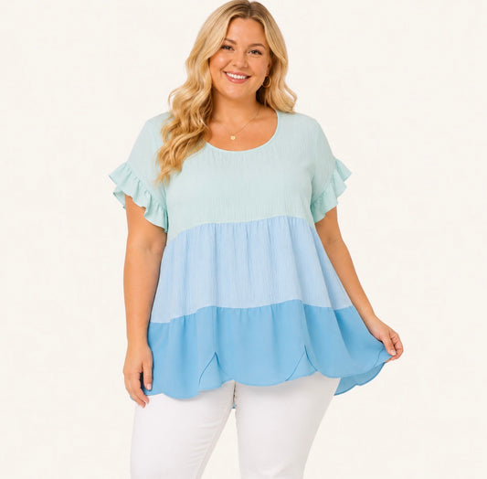 Plus Size Color Block Ruffle Trim Shirt