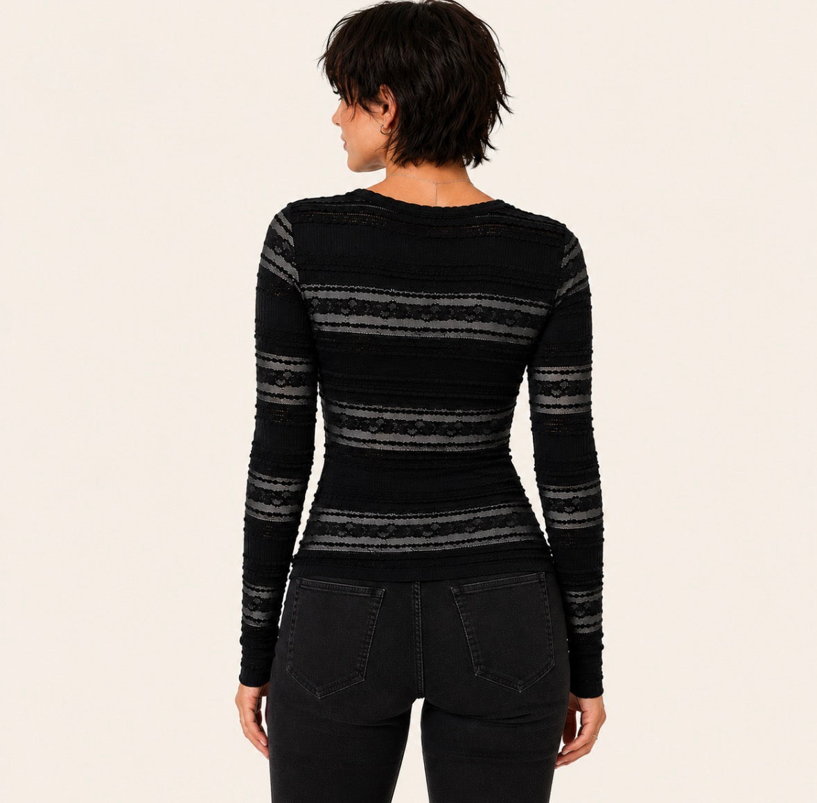 Vintage Style Long Sleeve Black Lace Cut-Out Top