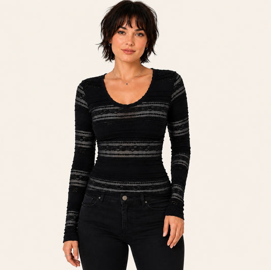 Vintage Style Long Sleeve Black Lace Cut-Out Top