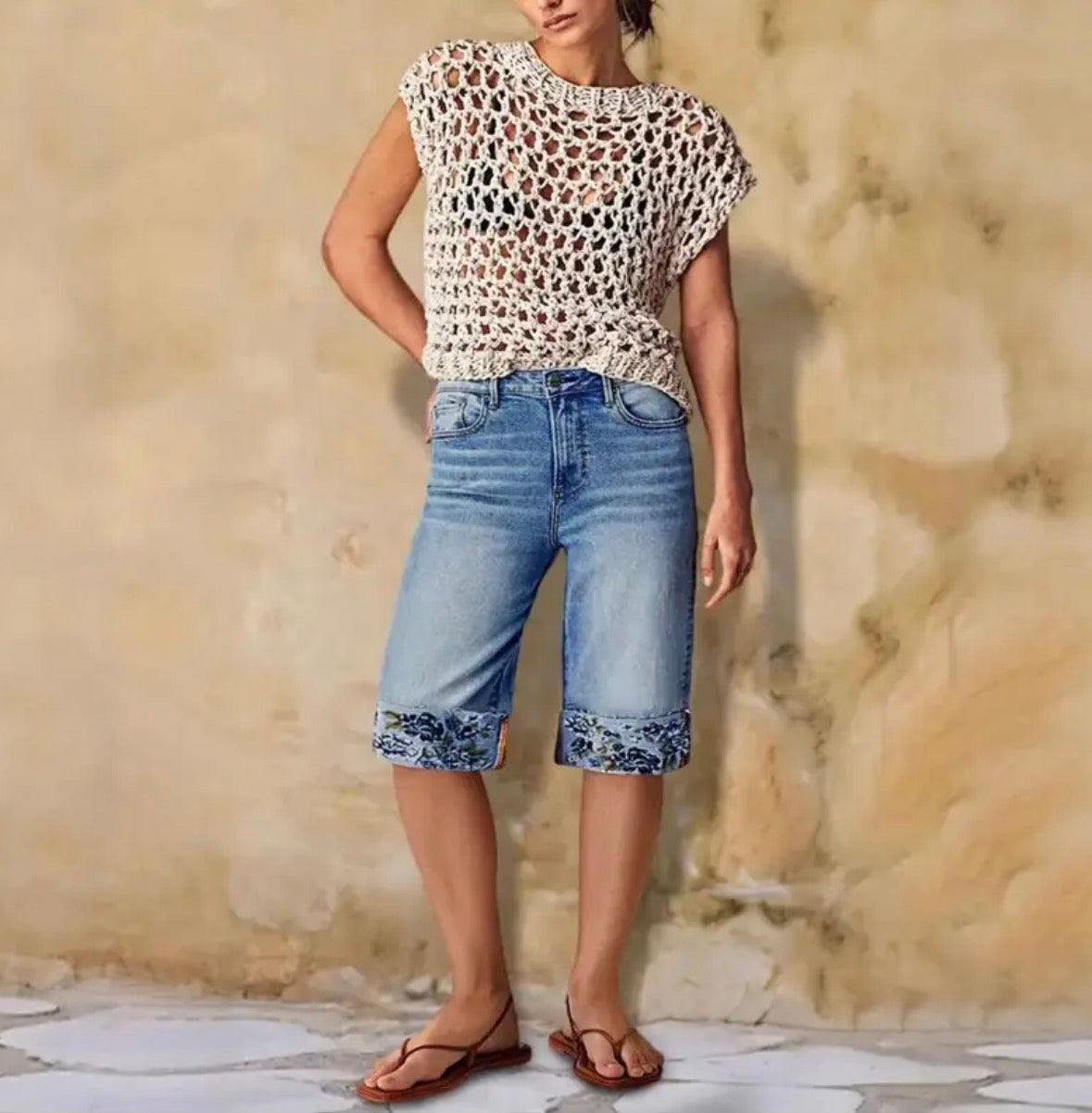 Bermuda Length Denim Shorts with Floral Cuffed Design
