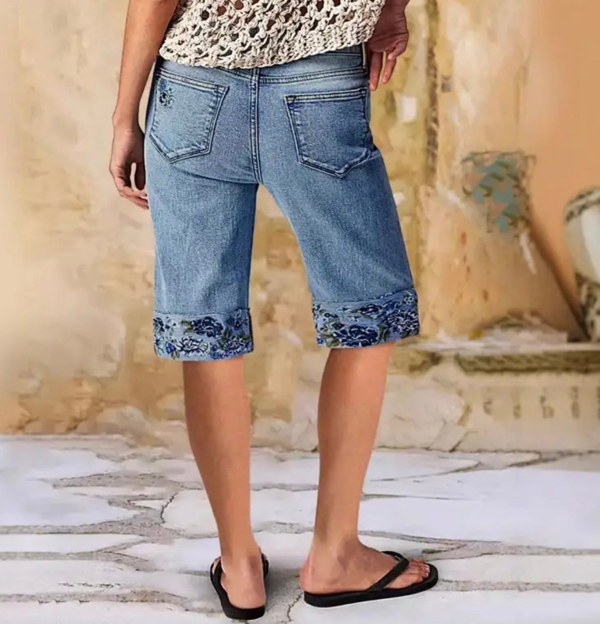 Bermuda Length Denim Shorts with Floral Cuffed Design