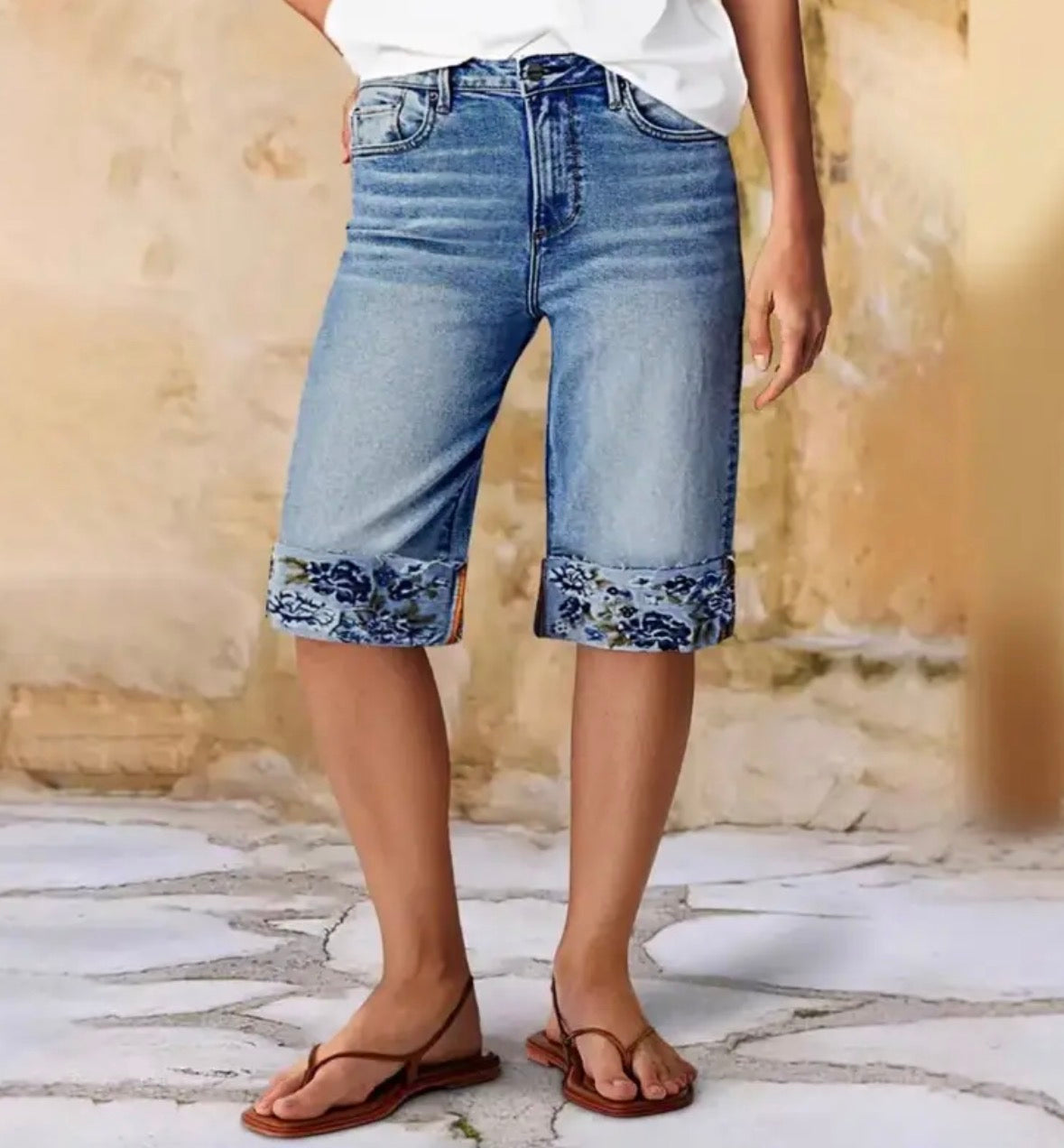Bermuda Length Denim Shorts with Floral Cuffed Design