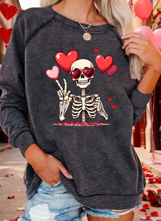 Long Sleeve Sweatshirt - Skelton with Heart Glasses and Peace Sign