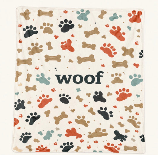 “Woof” Dog Bones and Paw Prints Blanket