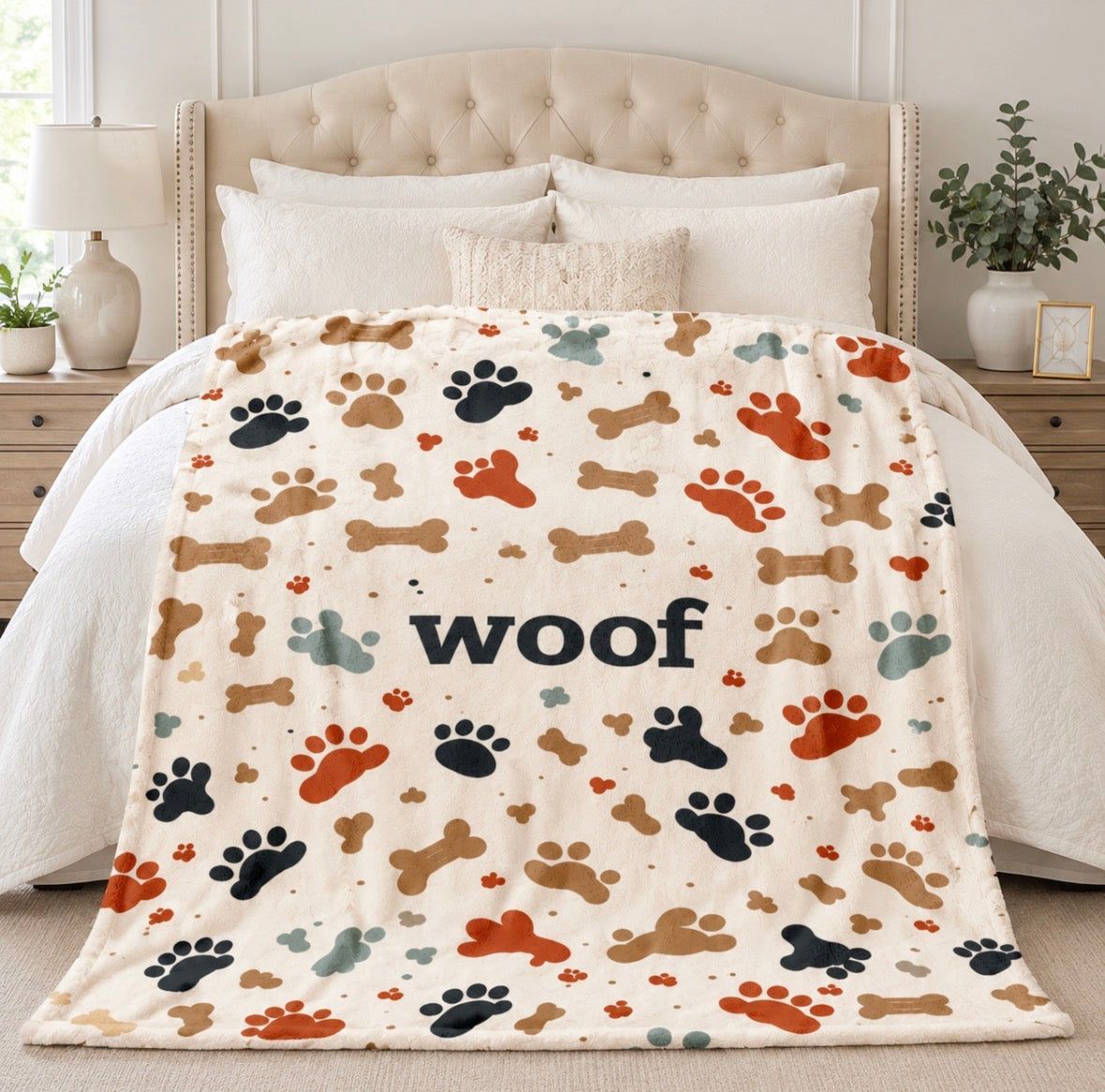 “Woof” Dog Bones and Paw Prints Blanket