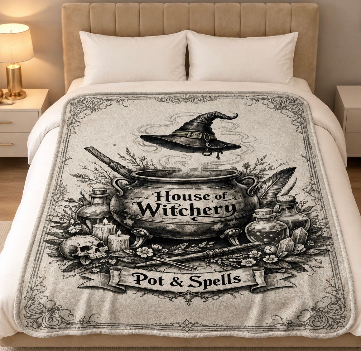 “House of Witchery” Blanket with Retro Sketch Witch Cauldron, Magic Hat, Potion Bottle and Skull