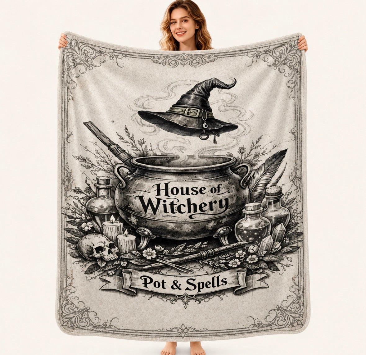 “House of Witchery” Blanket with Retro Sketch Witch Cauldron, Magic Hat, Potion Bottle and Skull