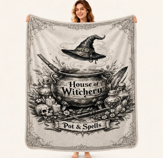 “House of Witchery” Blanket with Retro Sketch Witch Cauldron, Magic Hat, Potion Bottle and Skull