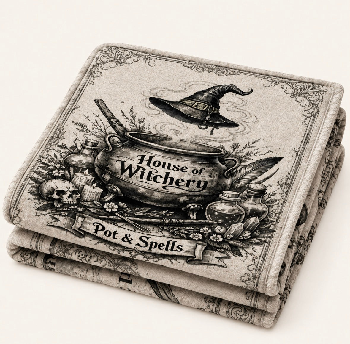 “House of Witchery” Blanket with Retro Sketch Witch Cauldron, Magic Hat, Potion Bottle and Skull