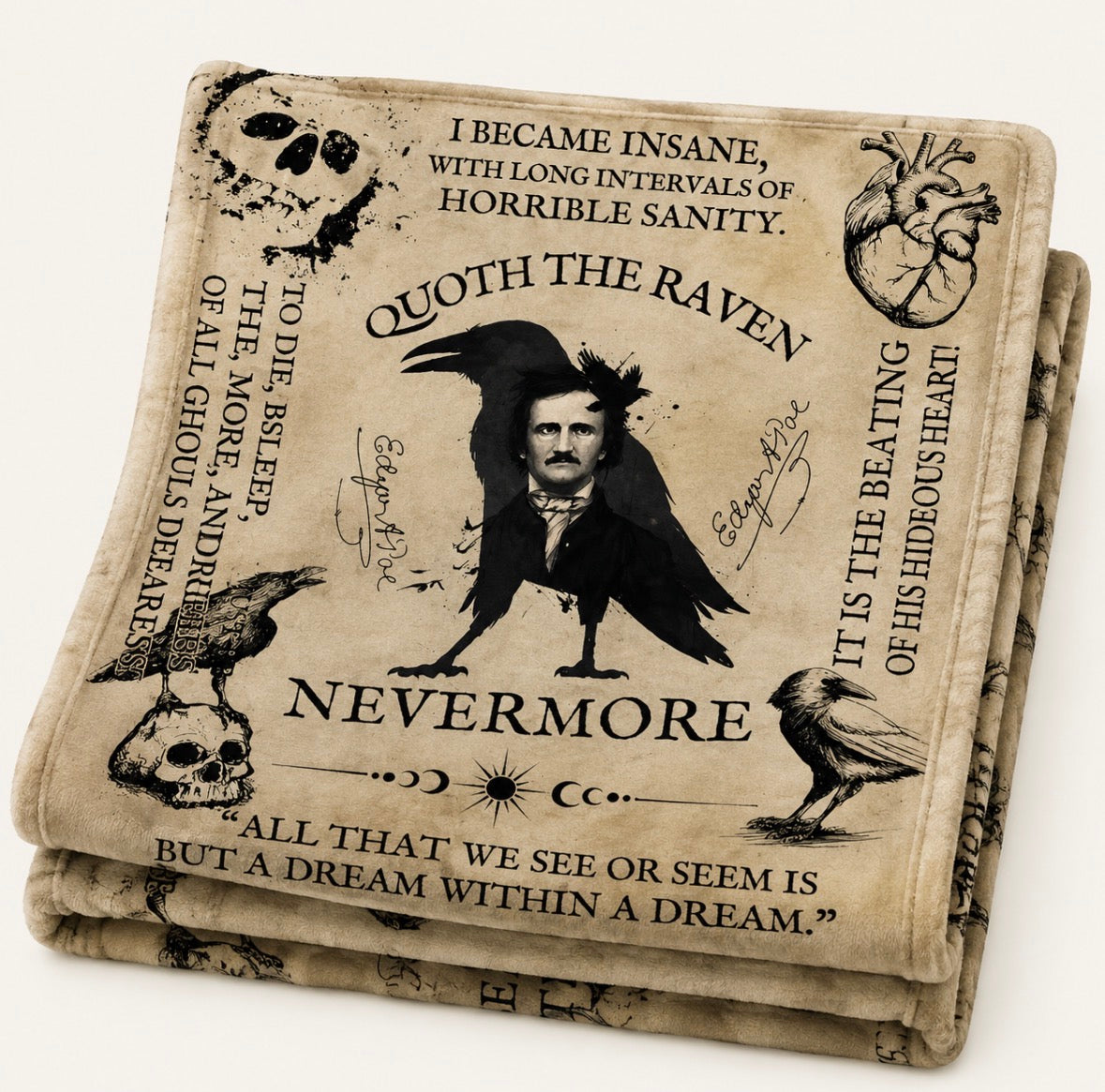 Edgar Allan Poe Gothic Literature Throw Blanket Raven and Skull Design Blanket