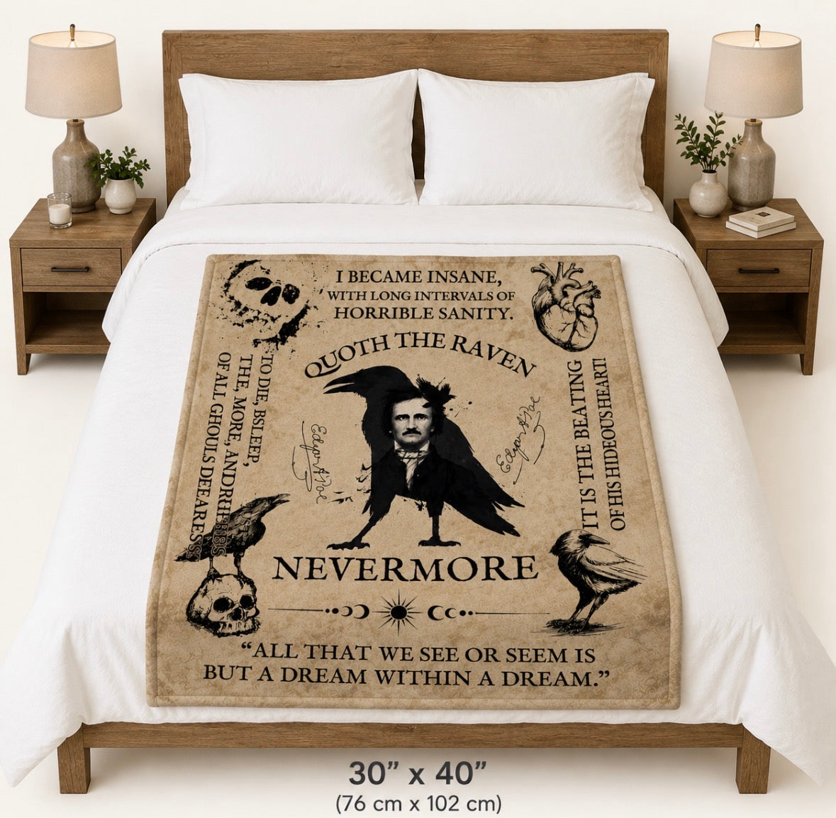 Edgar Allan Poe Gothic Literature Throw Blanket Raven and Skull Design Blanket