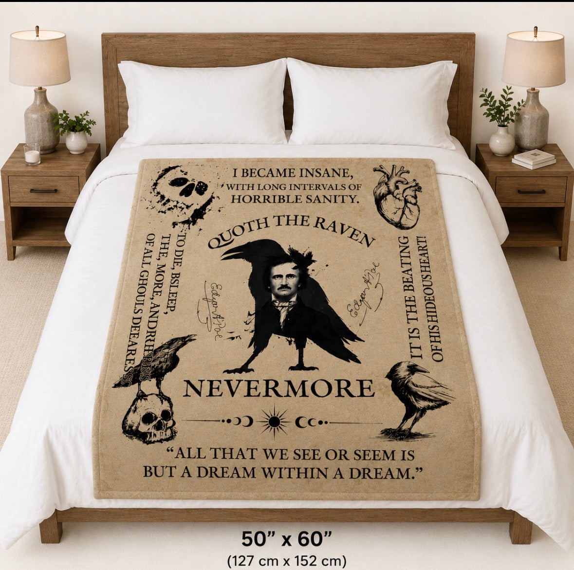 Edgar Allan Poe Gothic Literature Throw Blanket Raven and Skull Design Blanket