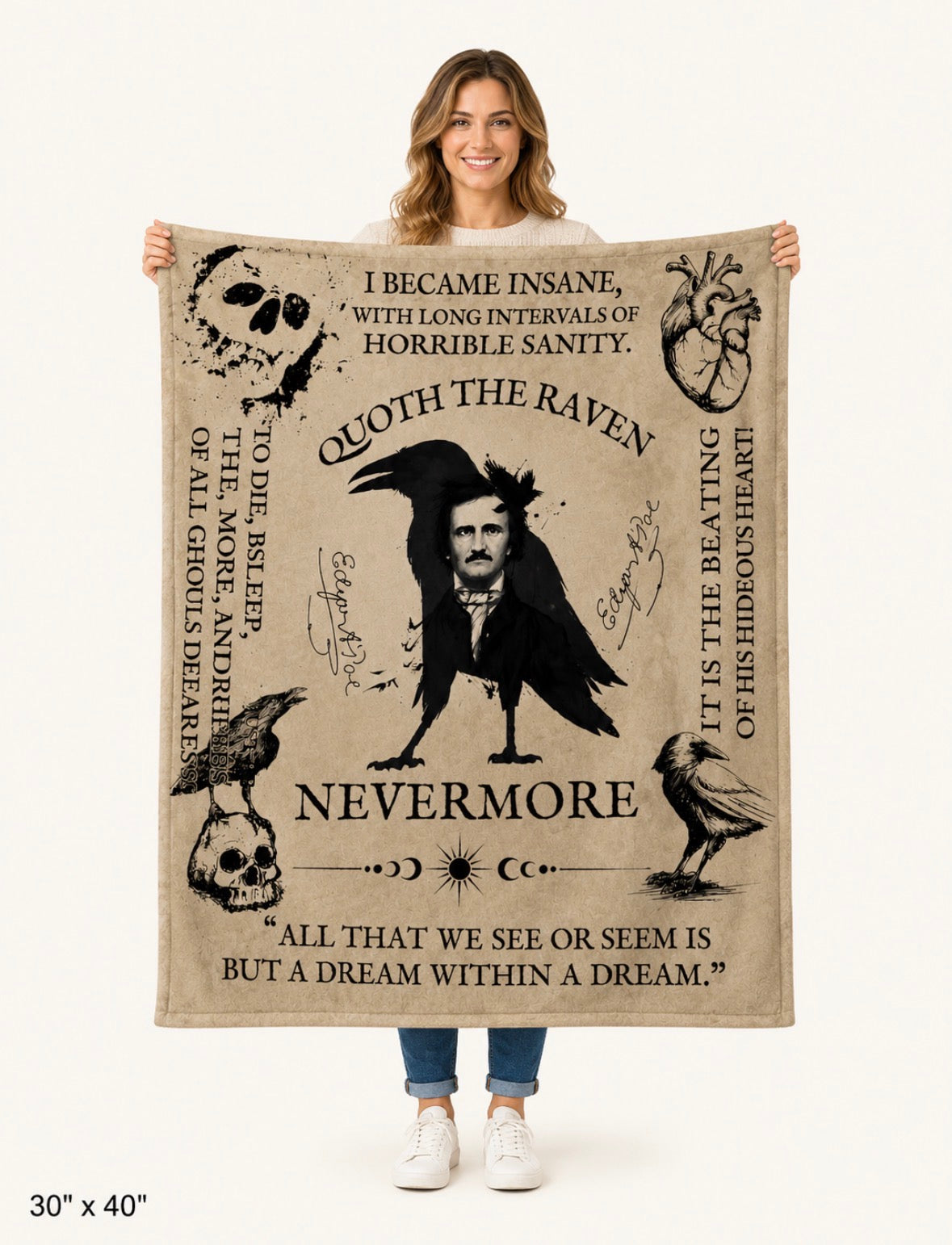 Edgar Allan Poe Gothic Literature Throw Blanket Raven and Skull Design Blanket