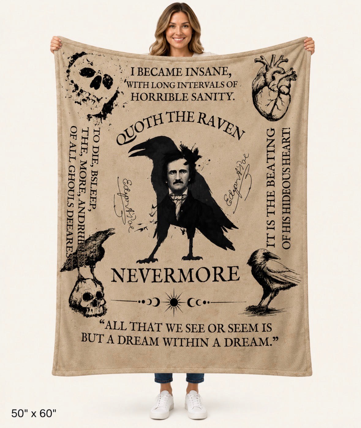 Edgar Allan Poe Gothic Literature Throw Blanket Raven and Skull Design Blanket