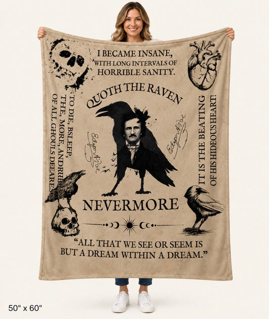 Edgar Allan Poe Gothic Literature Throw Blanket Raven and Skull Design Blanket