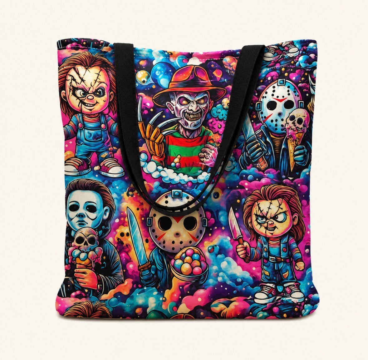 Colorful Horror Movie Characters and Ice Cream Cones Totebag