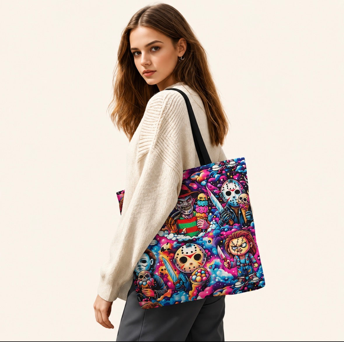 Colorful Horror Movie Characters and Ice Cream Cones Totebag
