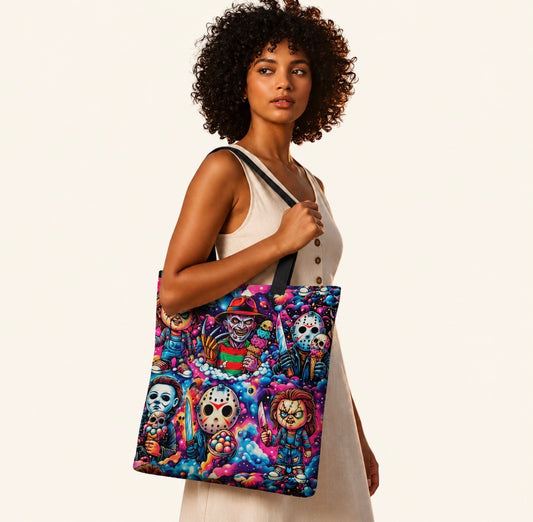 Colorful Horror Movie Characters and Ice Cream Cones Totebag