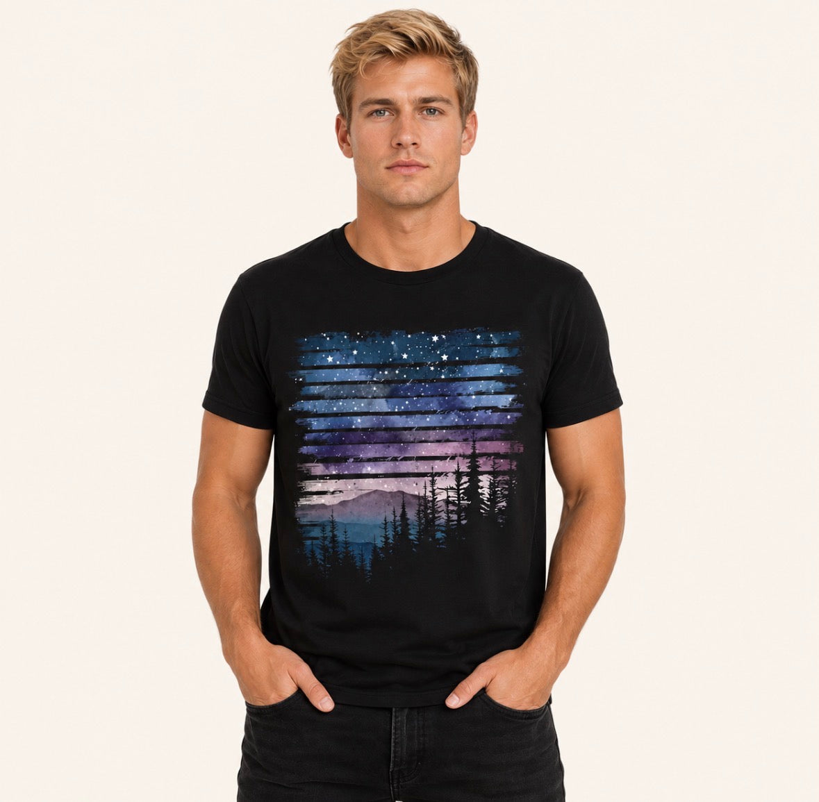UNISEX Graphic T-shirt - Pine Tree and Mountain Sunrise View