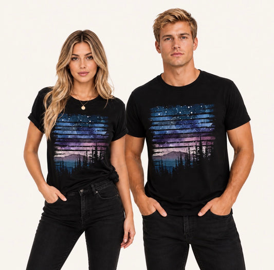 UNISEX Graphic T-shirt - Pine Tree and Mountain Sunrise View