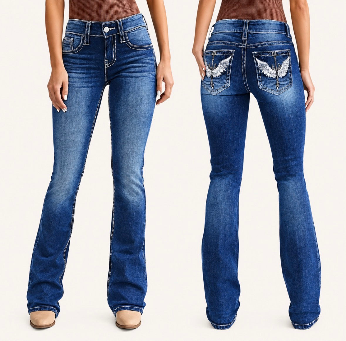 High-Waisted Bootcut Bell-Bottom Jeans with Wing &amp; Geometric Embroidery Back Pockets