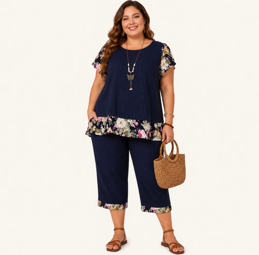 Plus Size 2-piece Floral Trimmed Chiffon Blouse with Floral Trimmed Cuffs Capri Pants