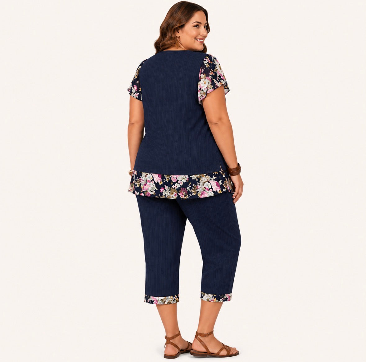 Plus Size 2-piece Floral Trimmed Chiffon Blouse with Floral Trimmed Cuffs Capri Pants