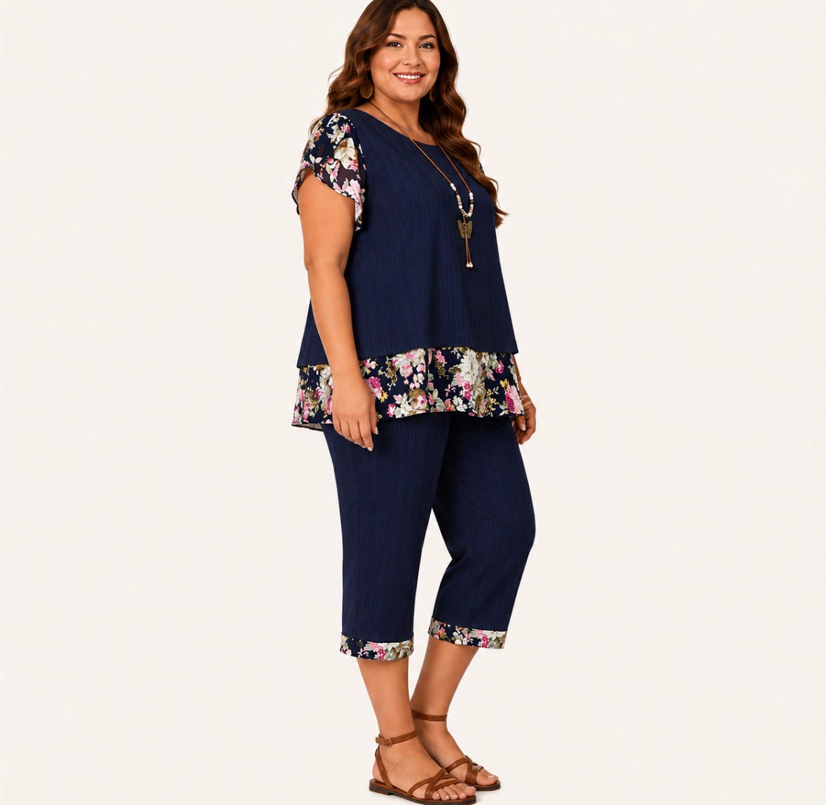Plus Size 2-piece Floral Trimmed Chiffon Blouse with Floral Trimmed Cuffs Capri Pants