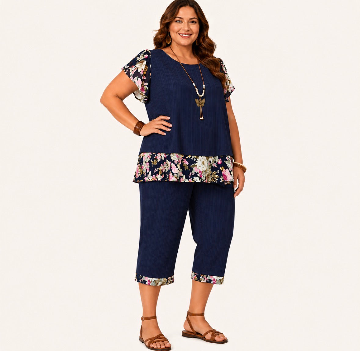 Plus Size 2-piece Floral Trimmed Chiffon Blouse with Floral Trimmed Cuffs Capri Pants