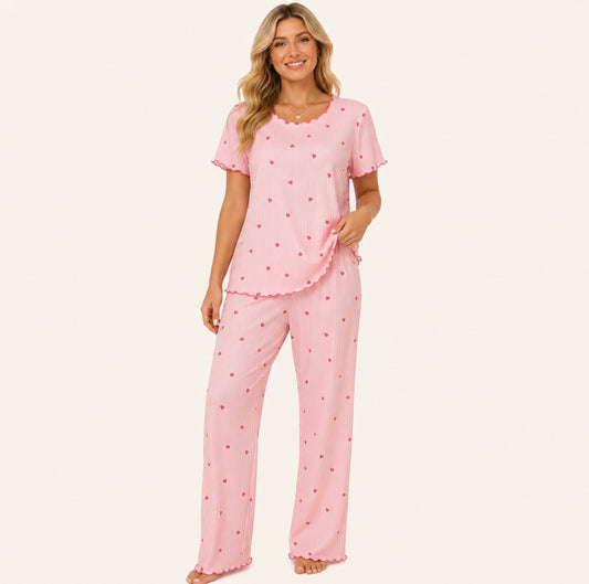 Heart Print Short Sleeve and Long Pants Pajama Set with Ruffle Detail